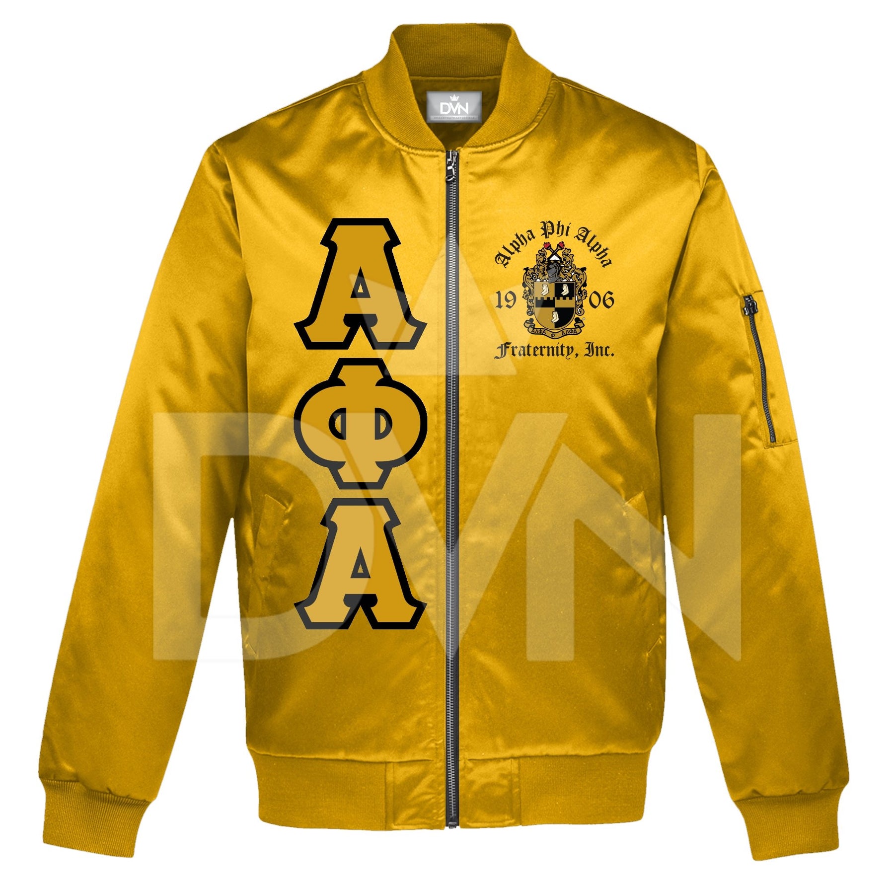 [Custom] Alpha Phi Alpha Satin Bomber Jacket Old Gold w/ White Letters / 7XL